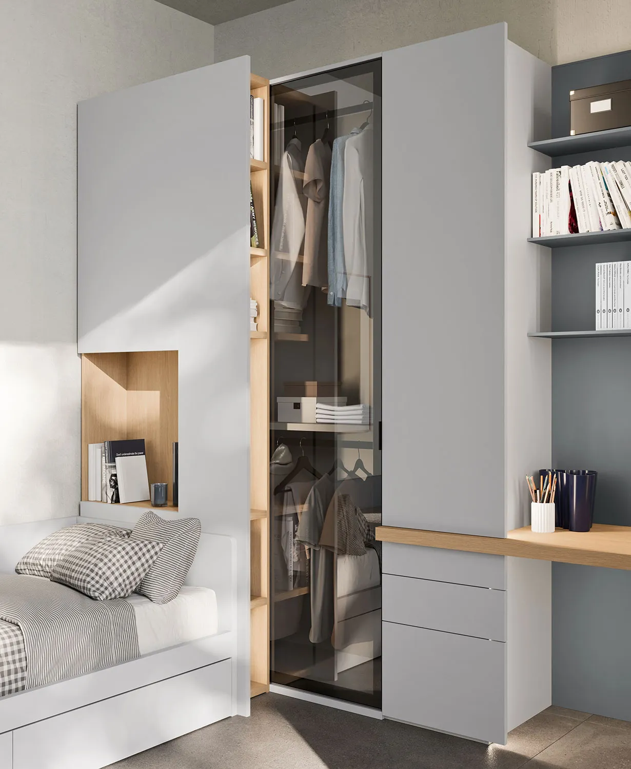 Cabina armadio con letto singolo e scrivania