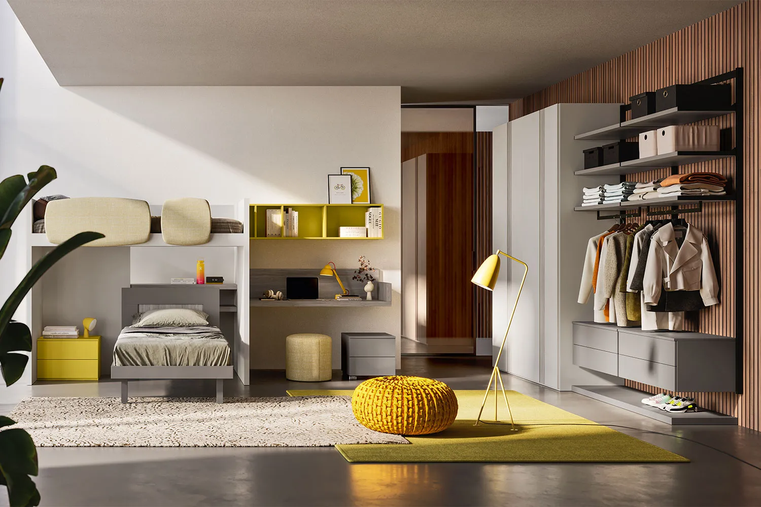 Cameretta con soppalco letto secondario e cabina armadio