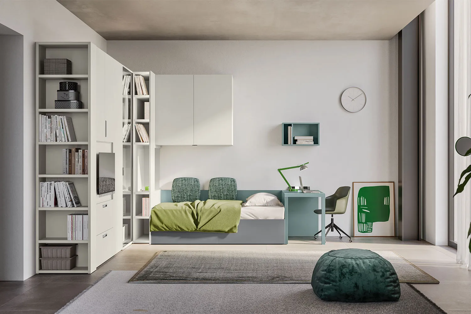 Cameretta azzurra con letto contenitore e libreria
