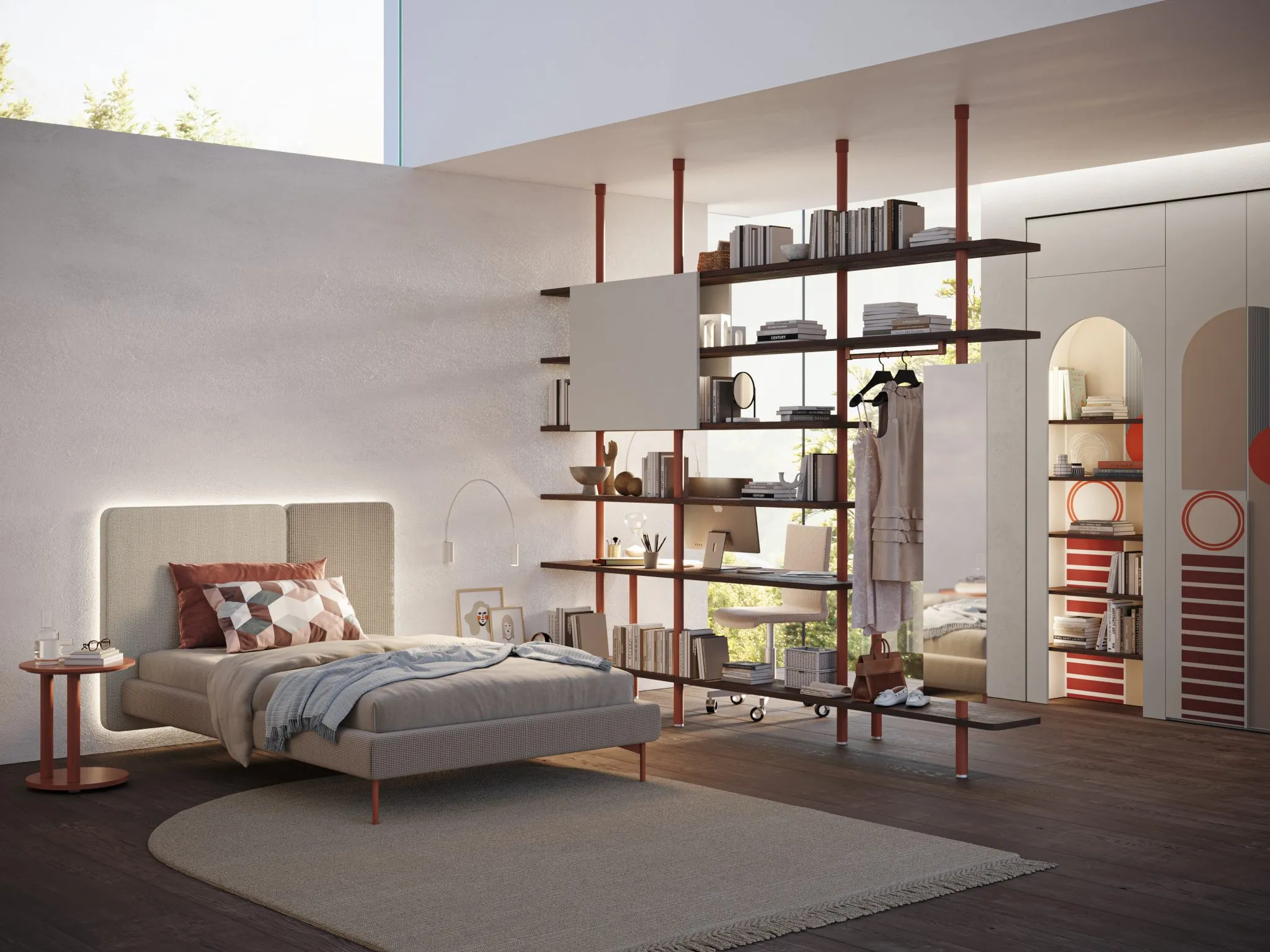 Parete libreria con scrivania e cabina armadio