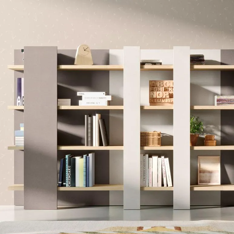 Libreria componibile grigia con ante colorate