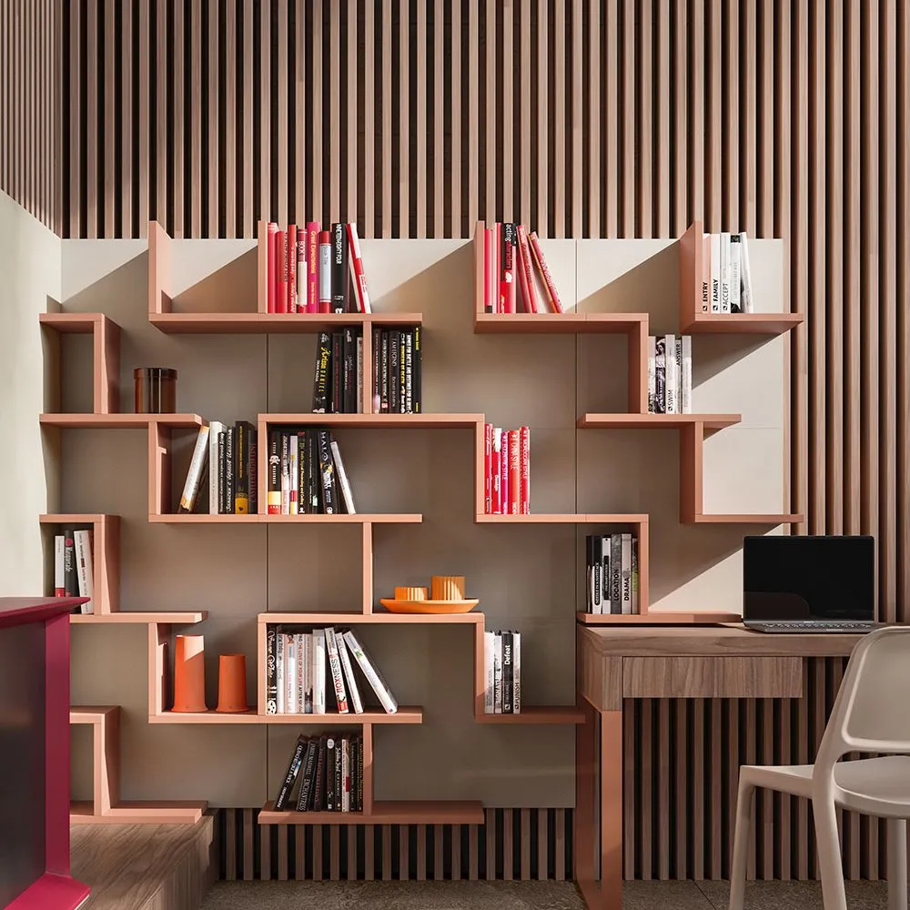 Libreria modulare rosa geometrica con scrivania