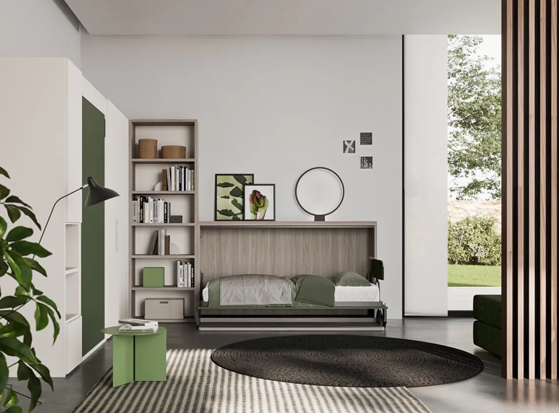 Letto a scomparsa verde con libreria integrata