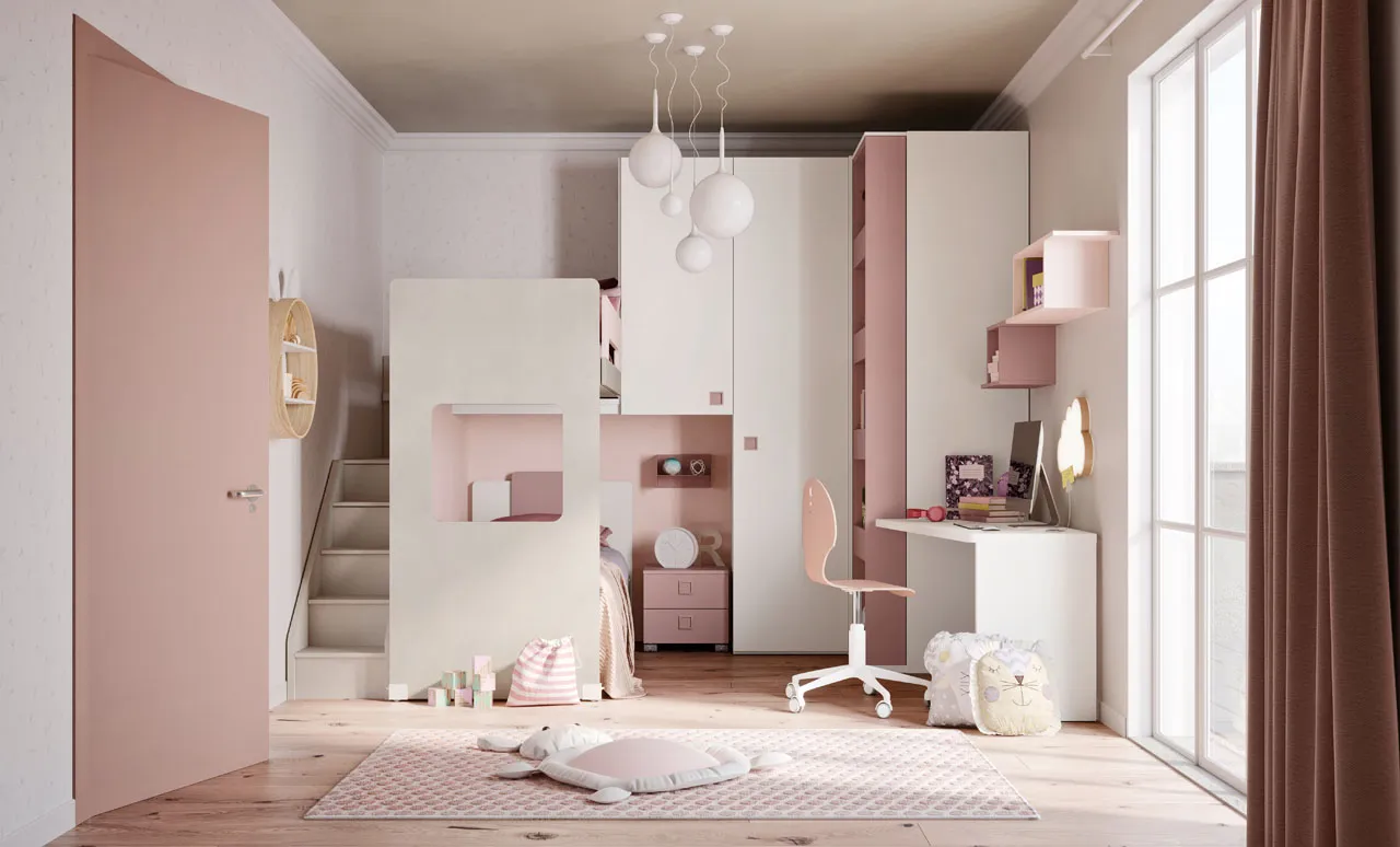 Soppalco rosa con scaletta e casetta gioco