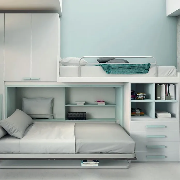 Letto a scomparsa con soppalco e libreria azzurra