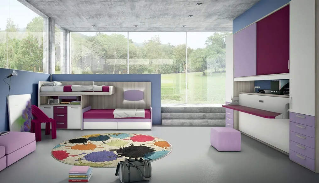 Cameretta letto a ponte viola con vista giardino