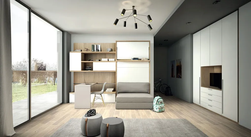Letto a soppalco moderno con divano e scrivania