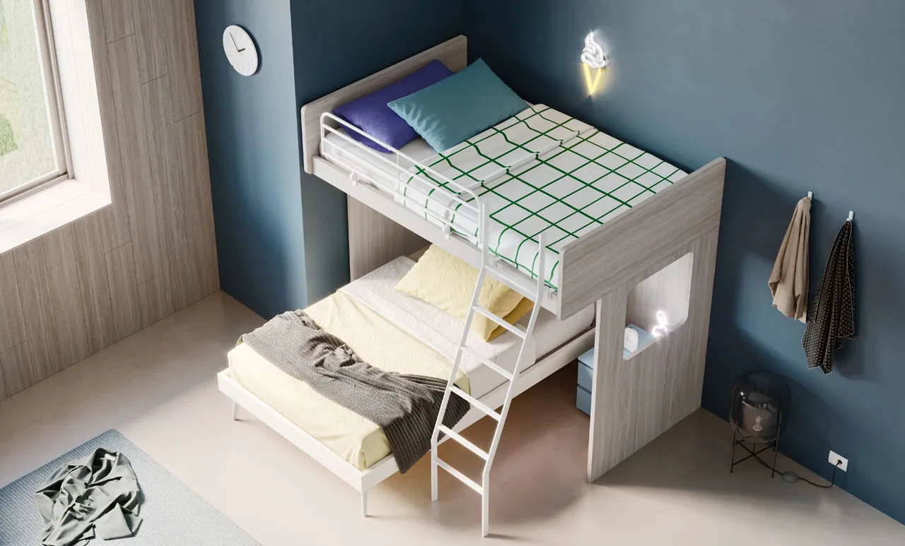 Letto a castello grigio con scaletta bianca
