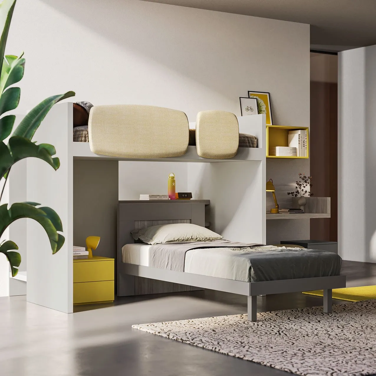 Letto a castello bianco con cuscini gialli