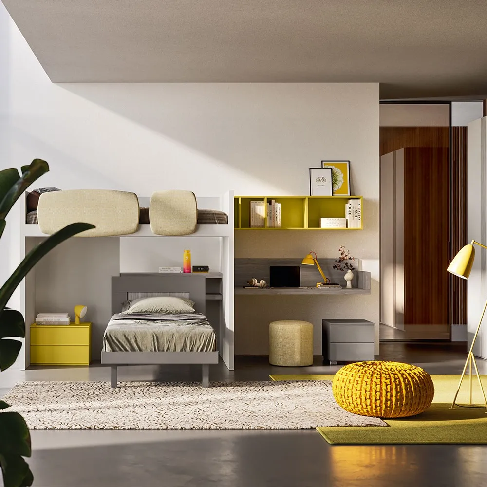 Letto a castello con scrivania e libreria gialla