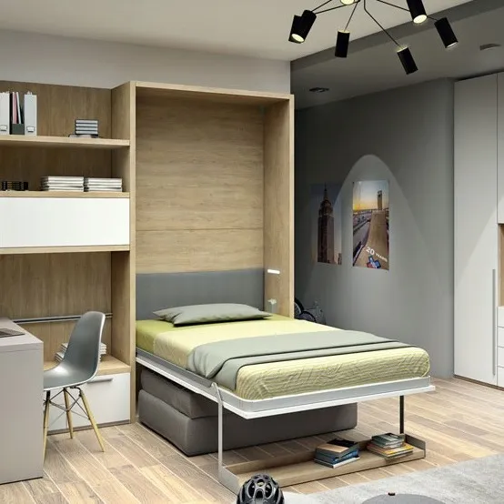 Letto a scomparsa verde con scrivania e libreria