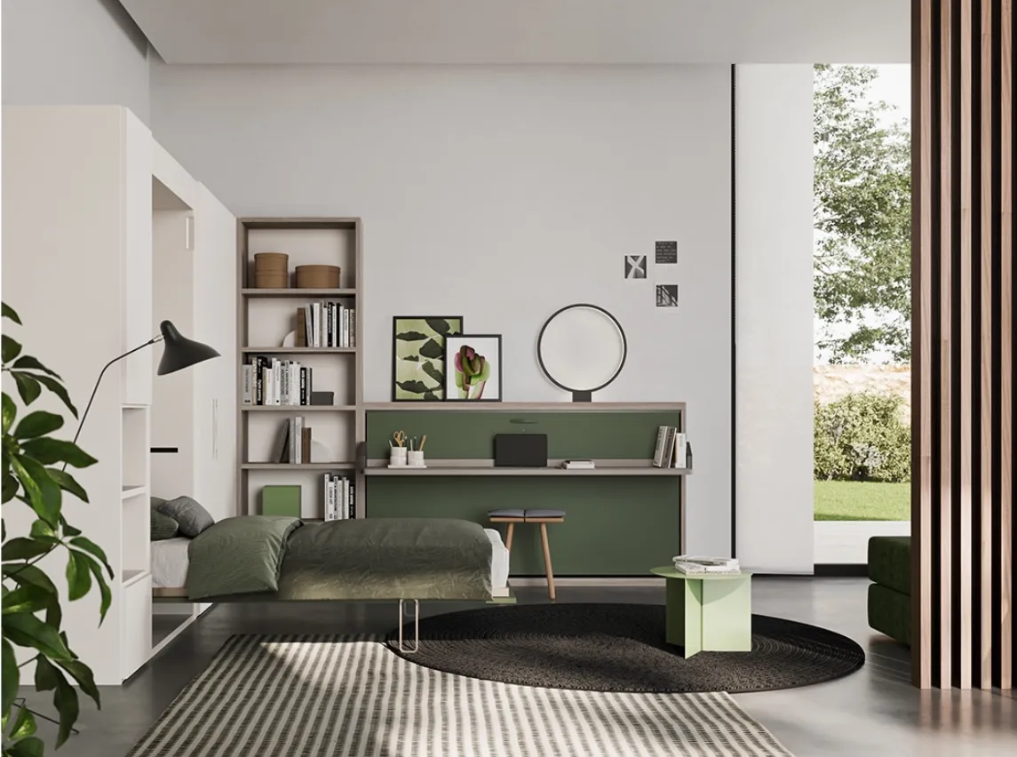 Scrivania verde con letto a scomparsa e libreria
