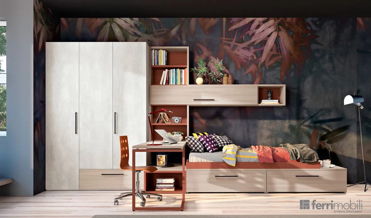 Cameretta con scrivania arancio e letto contenitore