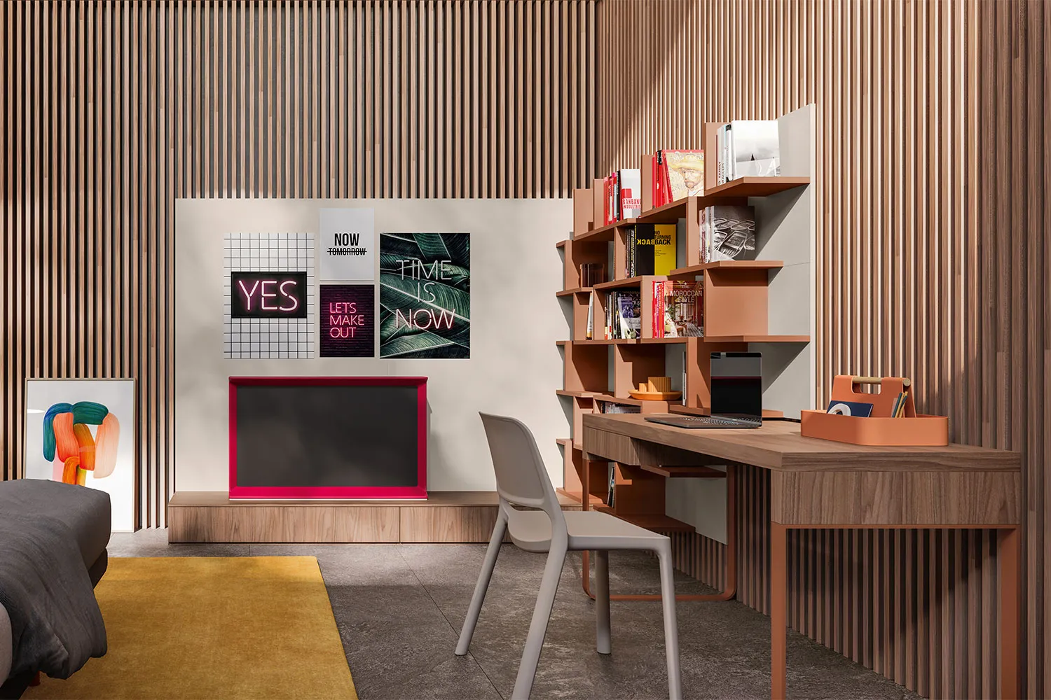 Scrivania con libreria terracotta e TV rossa