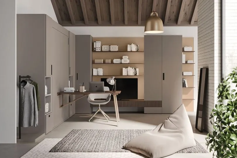 Zona studio tortora con libreria e pouf