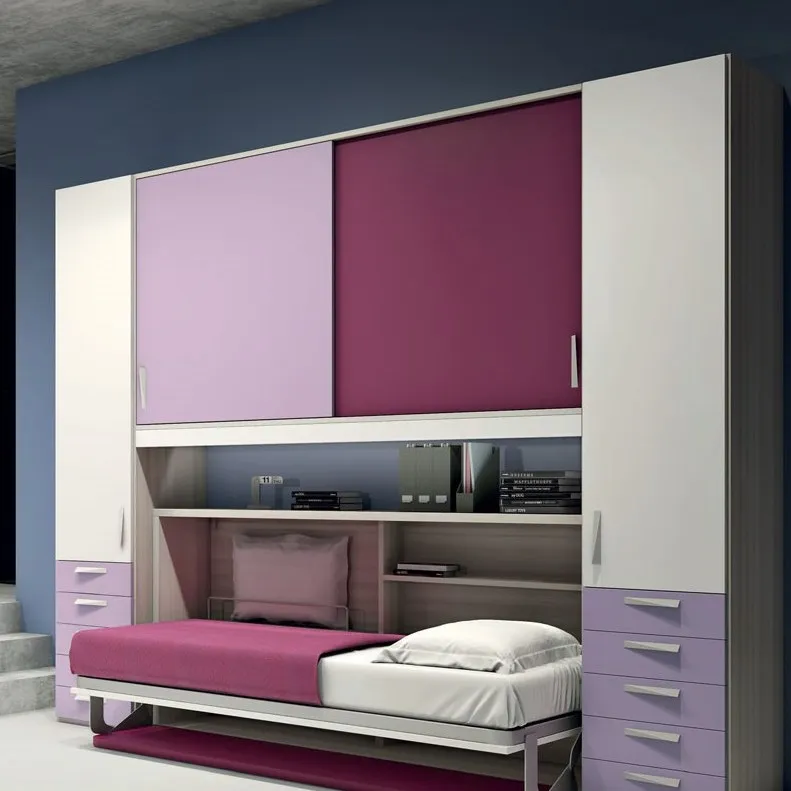 Scrittoio legno con libreria e letto viola