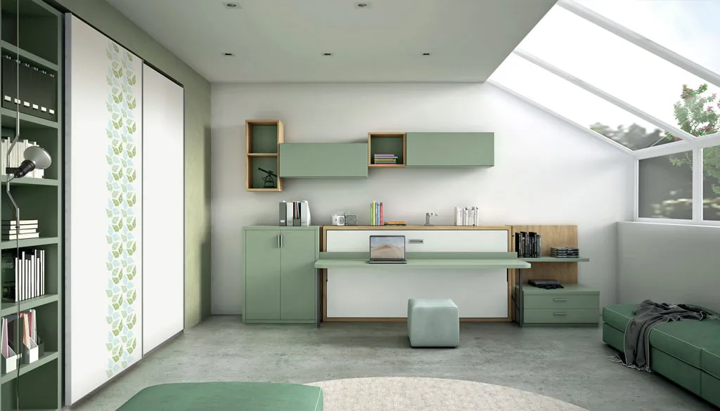 Zona studio verde salvia con letto a scomparsa